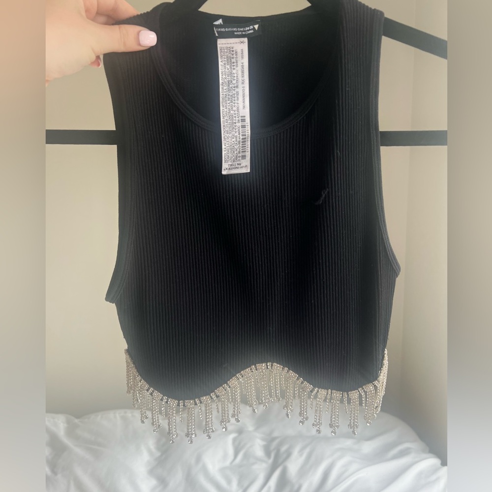 Black cropped tank top with silver rhinestones
